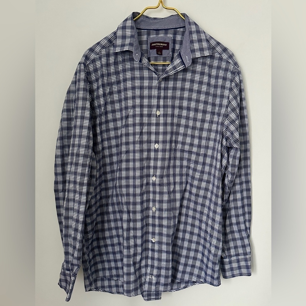 Johnston & Murphy Blue Plaid Soft 100% Cotton Button Up Shirt Men’s Large